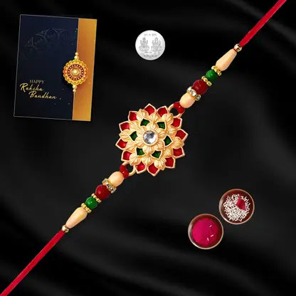 Single Designer Floral Rakhi For Brother  Includes Silver Coin Roli Chawal  Greeting Card Single Designer Floral Rakhi For Brother  Includes Silver Coin Roli Chawal  Greeting Card